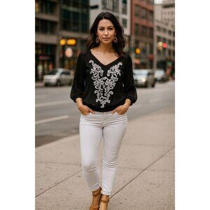 White House Black Market Boho Blouse S Black Embroidered Peasant Style
